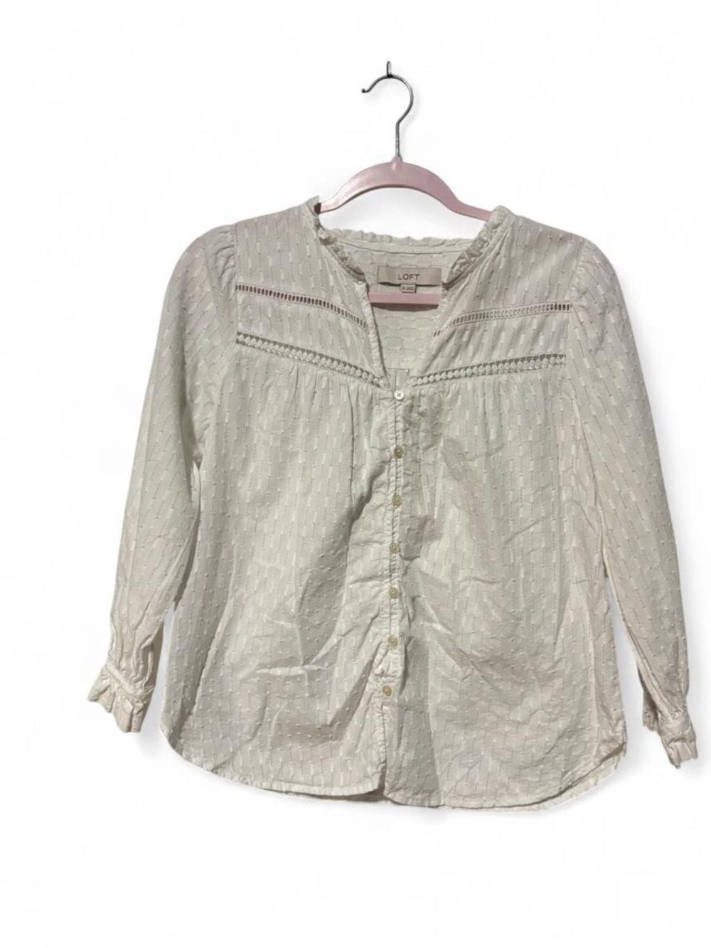 White button up blouse with subtle vertical stripes from LOFT in XS